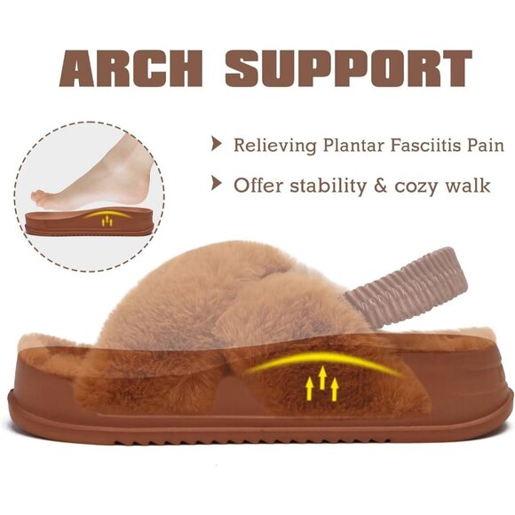 Women's Brown Fleece Fuzzy Fur Criss Cross Open Band Cozy Slippers Shoes - Picture 3 of 9